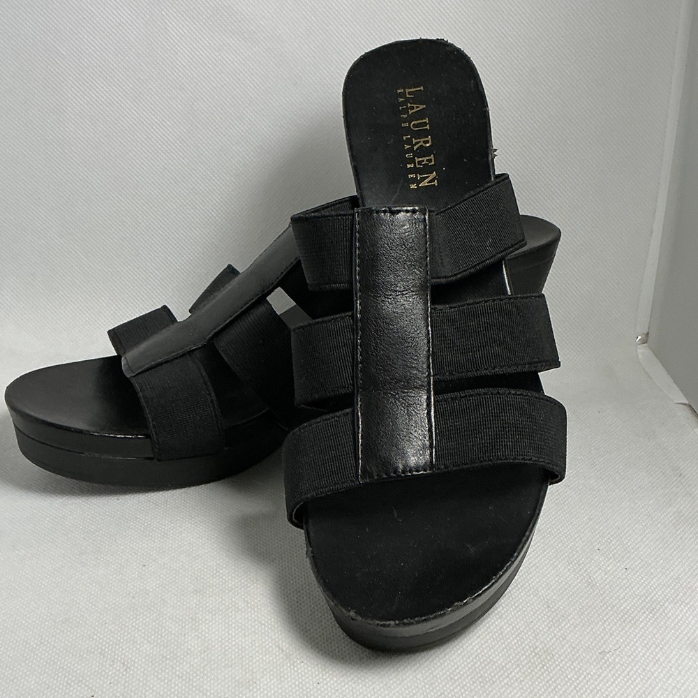 Lauren Ralph Lauren Black Leather and Elastic Platform Wedge Sandals Size 7